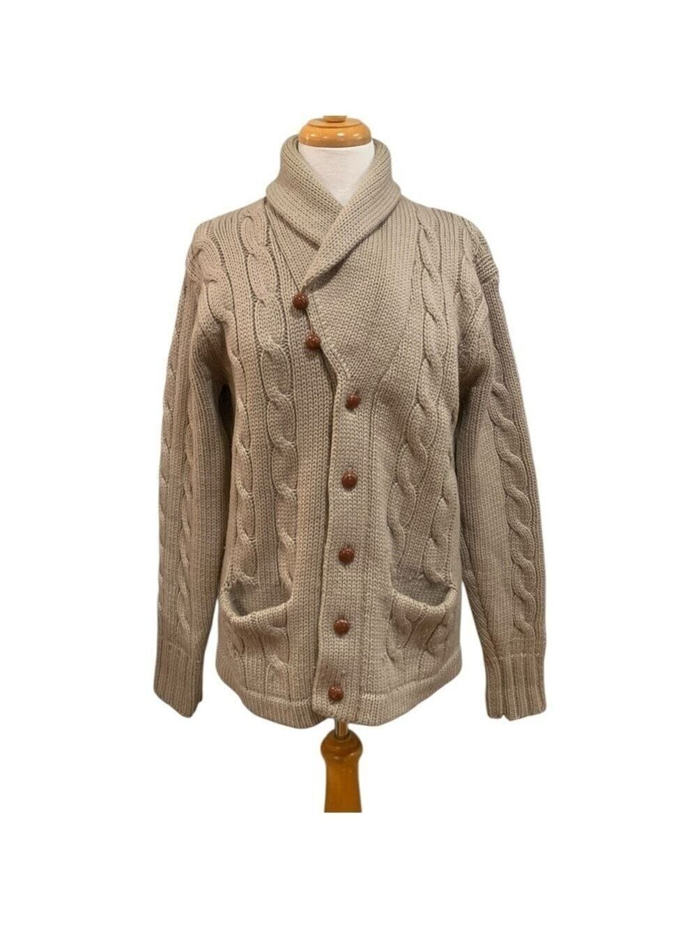 Vntg 80’s Racquet Club 100% wool shawl collar cable knit long sleeved sweater L